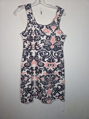 Haystacks Navy White Pink Damask Print Lettuce Hem Tank Dress Sz Medium Michigan